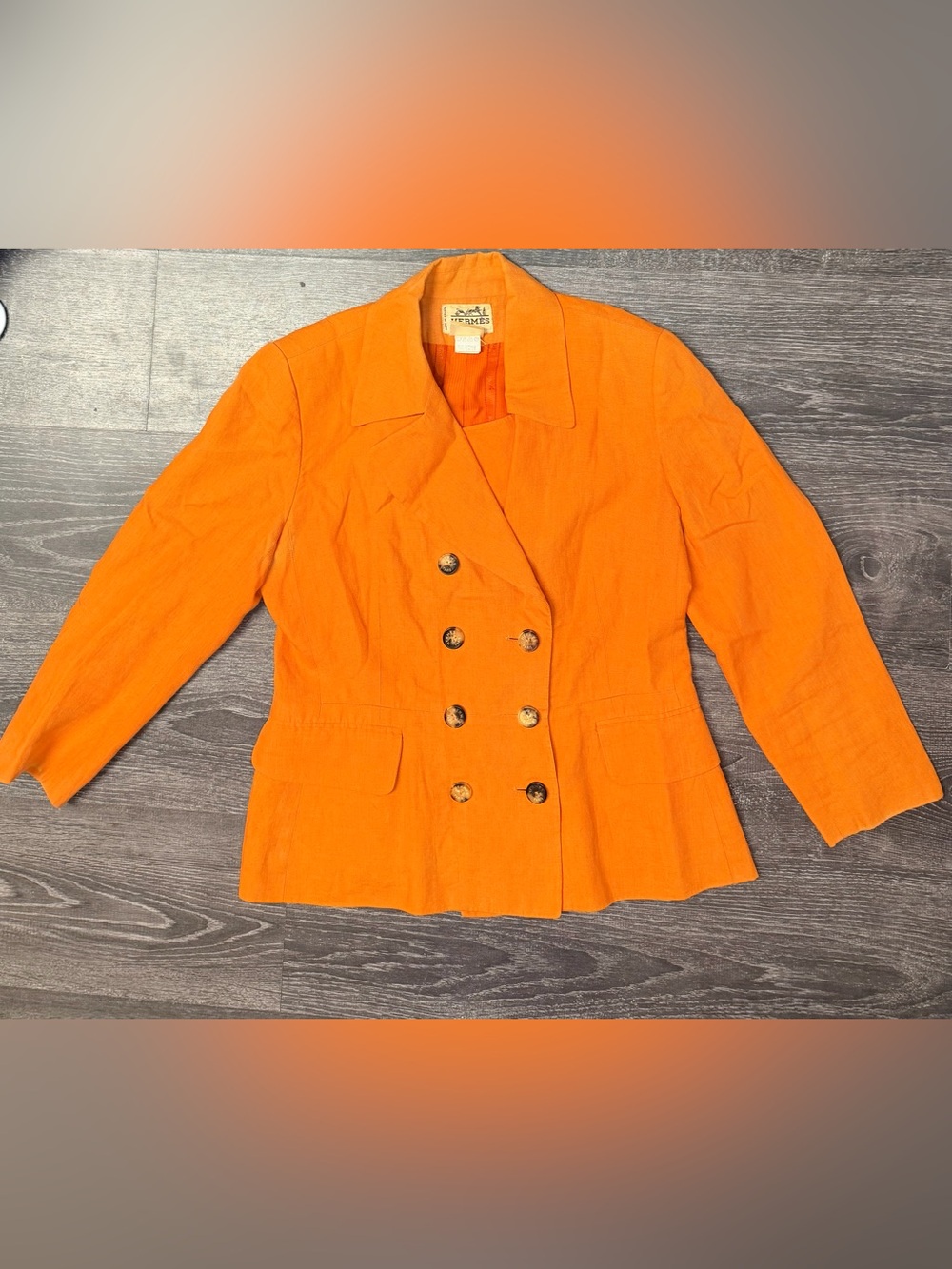 Vintage Hermès Paris Orange Linen Double-Breasted Blazer Jacket FR 40